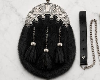 Black rabbit hair full handmade leather highland sporran traditional Scottish kilt bag with double lion cantle & tassels burns night gifts