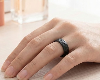 Black womens ring hammered textured finish valentine gift for her proposal ring personalized date engraved jewelry with wooden keepsake box