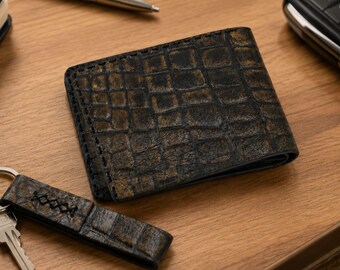 Leather men's wallet personalized craft made engraved dark crocodile bifold slim card exotic everyday wallet Christmas gifts for new dad