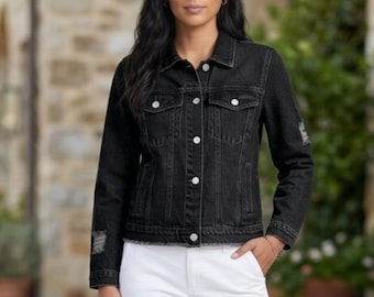 Distressed denim jacket, ripped jean jacket, classic trucker style button front jacket, casual outerwear, womens clothing, gifts for mom