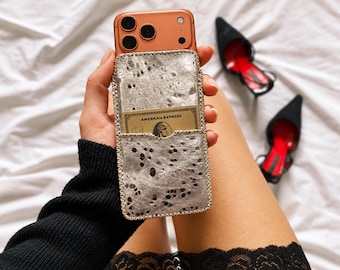 Black Textured Phone Case with Card Holder and Round Keychain