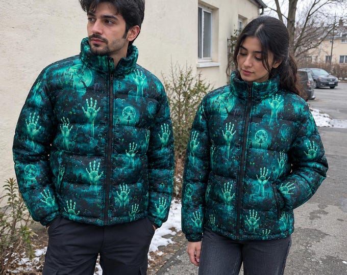 Featured listing image: Haunted Hand Graphic Puffer Jacket, Unisex Quilted Halloween Outerwear
