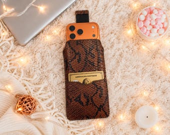 Personalized Snake Embossed Leather Phone Pouch for iPhone with Card Pocket