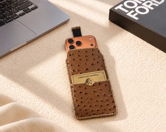 Leather Phone Pouch for iPhone, Ostrich Embossed with Card Pocket