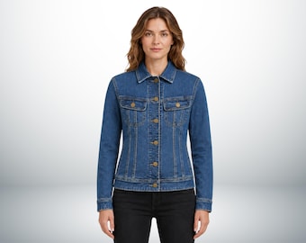 fitted denim jacket, classic button front jean jacket, tailored casual trucker jacket, Womens everyday outerwear, gifts for her