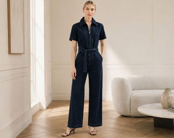 Wide leg denim jumpsuit everyday zipper closure short sleeves romper dress womens clothing casual summer outfit personalized gift for womens