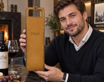 Leather Wine Bottle Bag with Hand Laced Edges and Cutout Handle