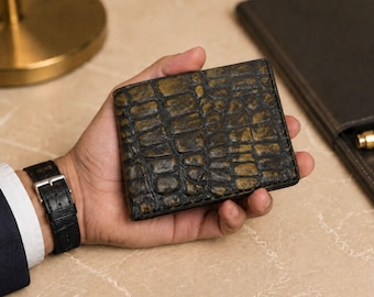 Personalized leather men's wallet everyday custom engraved antique crocodile bifold slim card exotic carry wallet retirement gifts for men