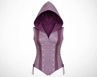 Women's purple leather armor vest, hooded medieval cosplay bodice, gothic renaissance costume, fantasy warrior style, Halloween outfit