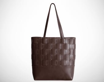 Personalized woven leather tote bag, genuine leather work bag, large shoulder carryall, handmade birthday gift for her, corporate gift