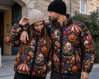 Quilted Winter Puffer Jacket with Dark Circus Horror Print and Full Zip