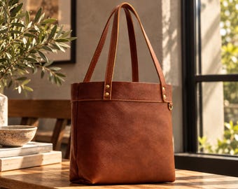 Womens Shoulder Purse, Leather Tote Bag, Structured Gifts for Mom, Handmade Office Handbag With Long Handles, bridal shower gift