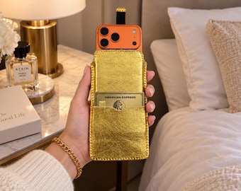 Personalized Leather Phone Sleeve, Metallic Gold with Card Pocket