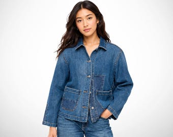 Denim chore jacket, three pocket button front jean coat, relaxed utility workwear jacket, casual outerwear, gifts for womens
