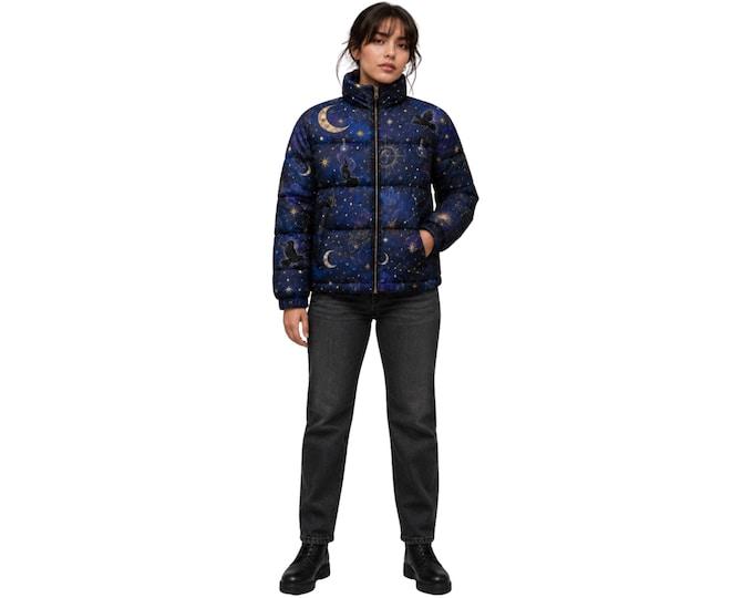 Featured listing image: Gothic moon and star nylon puffer jacket, unisex celestial winter outerwear
