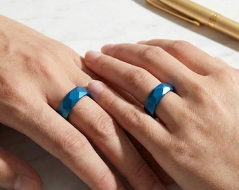 Blue couple rings wedding ring set engagement rings promise rings for couple engraved ring personalized jewelry gift wooden engraved jewelry