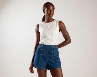 Pantaloncini di jeans a vita alta, stile retrò streetwear, vintage, cotone, abbigliamento estivo da donna, outfit casual da festival, regalo di anniversario per lei