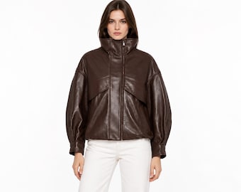 Leather Jacket for Women, Oversized Zip Front Jacket, Funnel Neck Blouson, Relaxed Fit leather Coat, Vintage streetwear gift for her