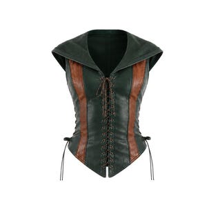 May include: A sleeveless vest featuring a dark green and brown color scheme. The garment has a deep V-neckline, a hood, and a central front lace-up closure with metal eyelets. Additional side lacing details are present at the waist area.