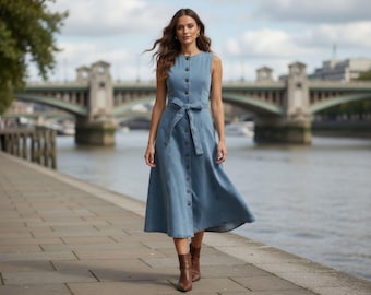 Soft denim midi dress womens clothing retro streetwear cotton vintage look cottage inspired chic casual summer dress birthday gift for her