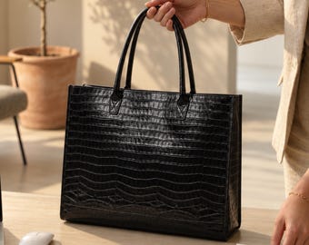 Crocodile leather bag, Personalized structured work handbag, large office purse, handmade gift for attorney gift for her