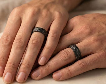 Hand hammered couple rings personalized engagement gift for couples faceted statement rings for him and her engraved jewelry valentine day