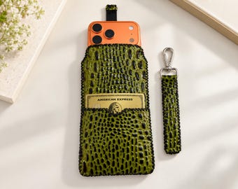 Crocodile Embossed Leather Phone Pouch, Personalized with Card Pocket