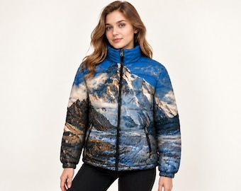 K2 Mountain Inspired Puffer Jacket, Unisex Quilted Nature Print Outerwear
