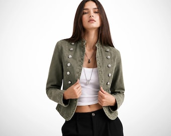 Denim jacket, Military style cropped button detail jean coat, tailored structured casual outerwear, festival outfit, womens clothing