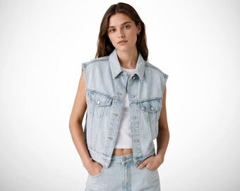 Sleeveless denim vest, classic button front jean gilet, womens casual trucker waistcoat, layering outerwear, birthday gifts for her