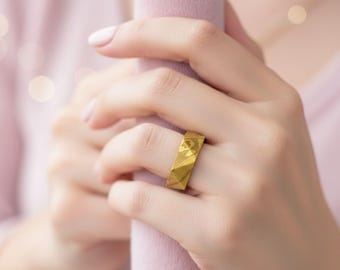 Ring for Women Gold Textured Tri Facet Engraved Date Minimalist Ring Engagement Promise Wedding Band Personalized Gift Wooden Keepsake Box