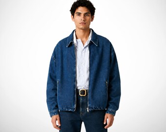 Bomber denim jacket, zip front casual jean coat, relaxed outerwear, everyday luxury jacket, streetwear, mens clothing, anniversary gifts