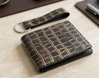 Premium leather men's wallet personalized elegant engraved geometric crocodile 6 bifold slim card everyday wallet custom gifts for him