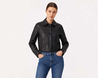 Cropped Leather Jacket for Women, Shirt Collar Jacket, Minimalist Leather Coat, Casual Streetwear, Gift for Her, Chic Outerwear