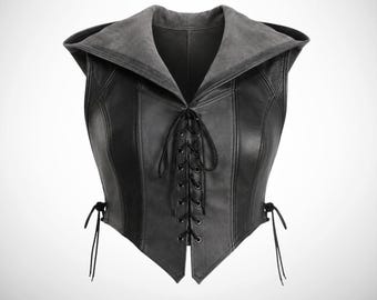 Halloween costume, leather hooded corset medieval armor vest, lace up fitted waistcoat for Women, anniversary gifts for her