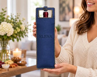 Personalized Leather Wine Bottle Bag with Cutout Handle and Hand Lacing
