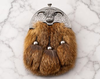 Highland brown hairy fox fur sporran cantle trinity knotwork traditional Scottish kilt bag with chain strap burns night wedding & clan gift