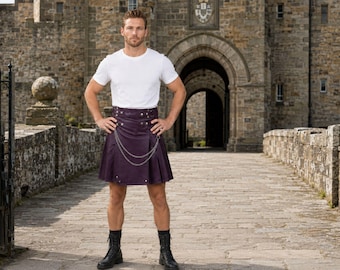Scottish men's leather kilt custom adjustable gothic utility D ring chain cargo pocket kilt highland rock concert personalized gifts for him