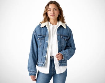 Sherpa denim jacket, cozy trucker jean coat, button front casual winter outerwear jacket, womens clothing, gifts for her