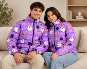 Unisex Quilted Puffer Jacket with Ghost, Pumpkin and Cat Print, Full Zip