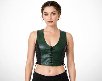 Medieval leather vest for womens, lace up cropped armor waistcoat, halloween fitted sleeveless top, birthday gifts for her