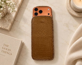 Textured Leather Phone Pouch for iPhone, Handmade with Custom Engraving