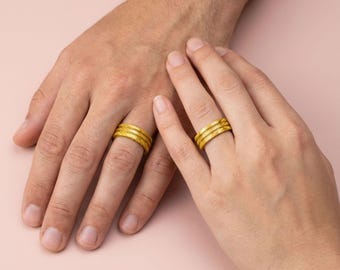 Gold dual line couple rings love gift matching promise rings for couples engraved wedding bands for him and her