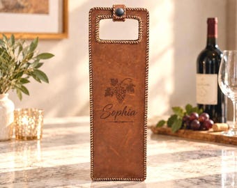 Leather Wine Bag, Personalised Christmas Gift for Wine Lover, Tan Brown Wine Bottle Carrier with Handle wine tote bag