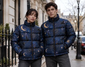 Unisex Nylon Puffer Jacket with Gothic Moon and Star Design