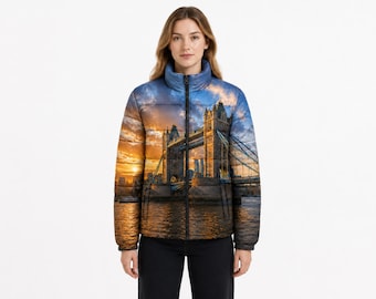 London Bridge Sunset Print Puffer Jacket, Unisex Quilted Streetwear