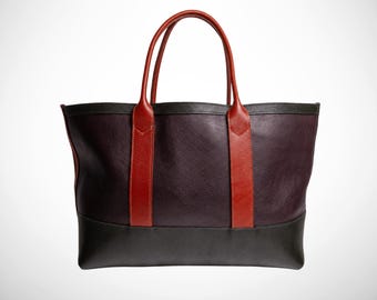 Leather tote bag, two tone work handbag custom name office shoulder bag, gift for her, luxury new mom gift ideas, Baby shower gifts