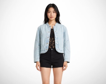 Womens denim jacket, cropped minimal short jean jacket, button front casual trucker Jacket, everyday streetwear, anniversary gifts