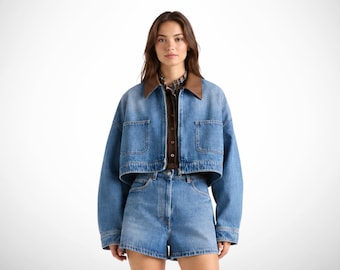 Cropped denim jacket, contrast collar boxy jean coat, oversized sleeve button front casual trucker outerwear, gifts for best friend