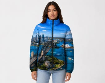 Sydney Print Puffer Jacket, Unisex Streetwear with Full Zip